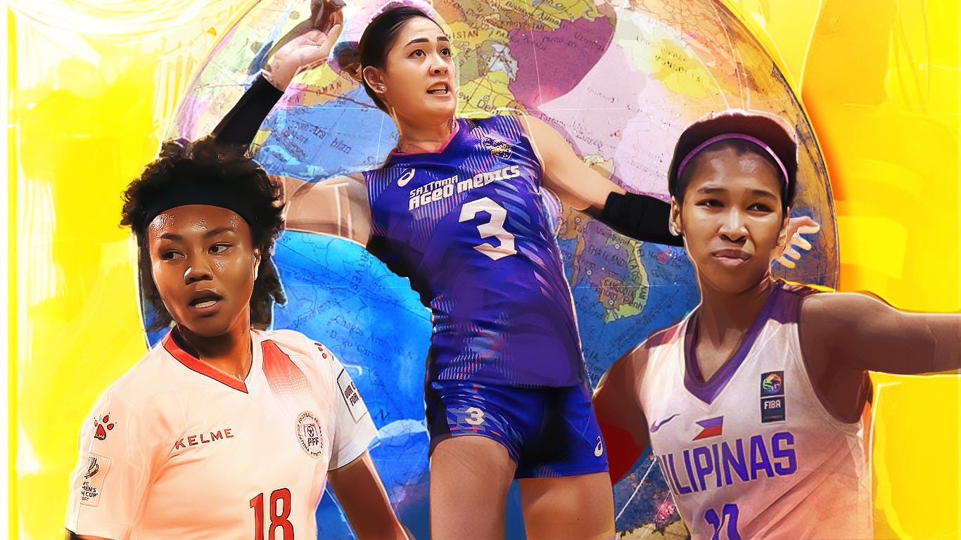 Female athletes carrying the Philippine flag across the globe